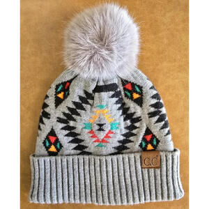 C.C Exclusive Women's Soft Aztec Southwest Pattern Knit Hat Faux Fur Pom